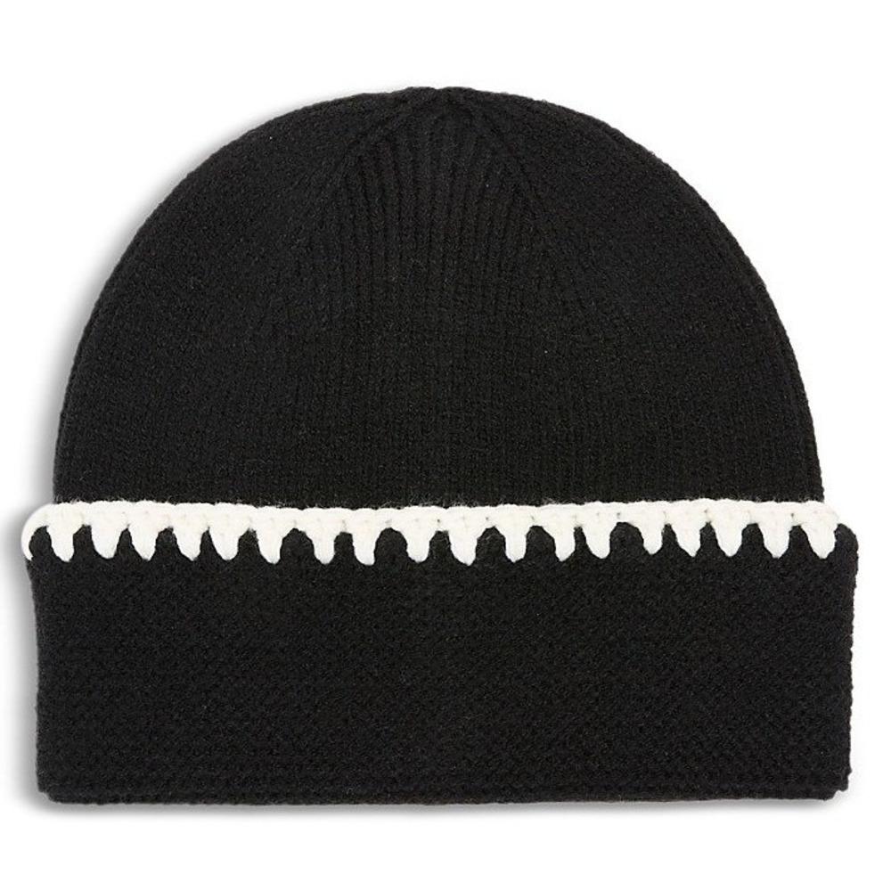 Aqua Beanie Women OS Black Ribbed Knit Whipstitch Trim Winter Hat Luxury NWT